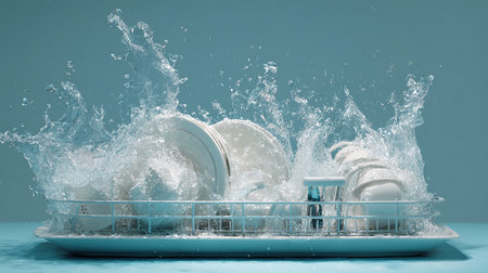 Dishware splashing out of the water on a blue backgroundの素材