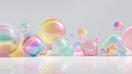 3d rendering of colorful soap bubbles in white background with reflection.の素材