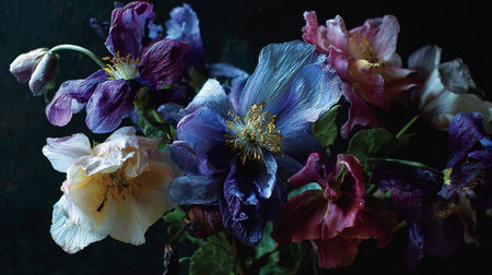 Bouquet of colorful flowers on a dark background, close-upの素材