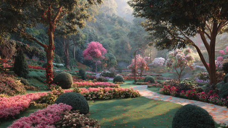 Beautiful flower garden in the morning light in the morning with fog.の素材
