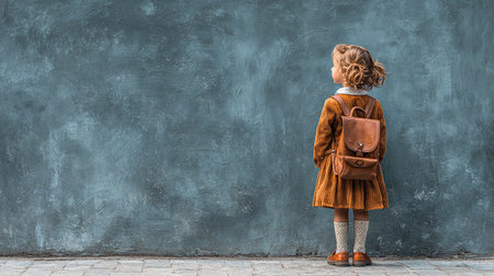 Rear view of a little girl with a backpack standing in front of a blue wallの素材