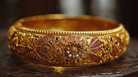 Close up of a gold wedding ring with diamonds on a silver trayの素材