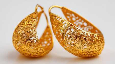 golden earrings on a white background, close-up.の素材