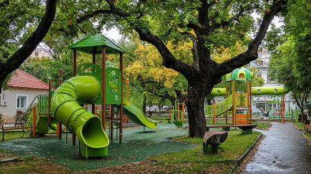 Children's playground in the city park under the tree in autumn.の素材