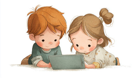 Cute little boy and girl using a laptop. Vector illustration.の素材