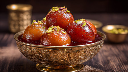 Indian sweets Gulab Jamun in bowl with pistachio powderの素材