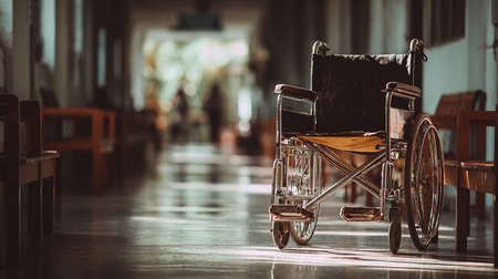 Wheelchair in the hospital, vintage color tone and soft focus.の素材