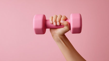 Female hand holding pink dumbbell on pink background. Close up.の素材