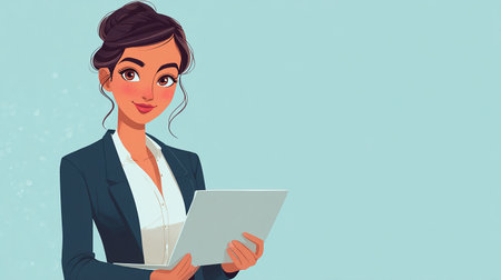 Beautiful business woman using a tablet computer. Vector illustration in retro style.の素材