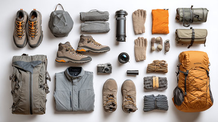 Set of hiking equipment on white background. Flat lay, top view.の素材