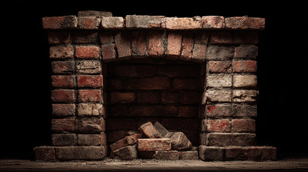 Old brick fireplace on black background. Shallow depth of field.の素材