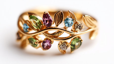 Jewelry ring with precious stones on a white background close upの素材