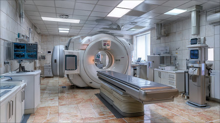 3D rendering of a CT scanner in a modern hospital room.の素材