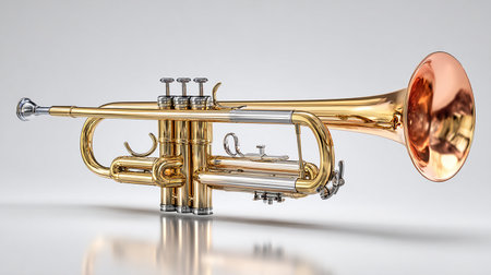 Gold trumpet on a white background. 3D illustration. 3D rendering.の素材