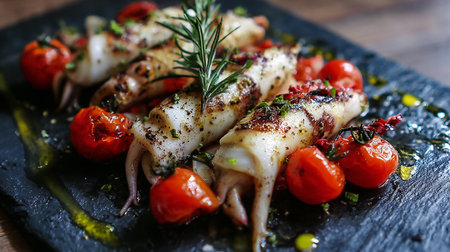 Grilled squid with rosemary and cherry tomatoes on black slate plateの素材