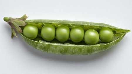 Fresh green peas on a white background. Top view, flat layの素材