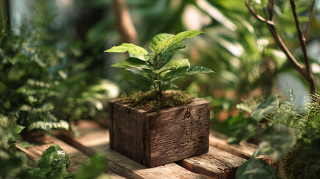 Plants in a wooden box on the background of green plants.の素材