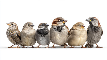 Group of sparrows isolated on a white background, front viewの素材