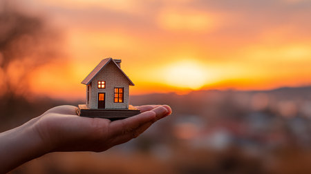 Miniature house in human hand on sunset background. Real estate conceptの素材