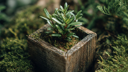 Decorative plant in a wooden pot on a mossy background.の素材