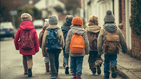 Back view of school kids walking on the street. Back to school concept.の素材