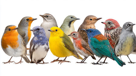 Colorful group of birds isolated on a white background, close upの素材