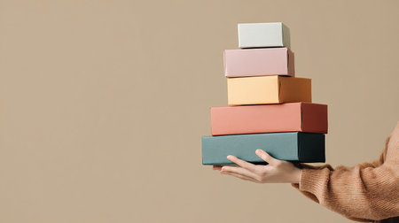 Female hands holding stack of books on beige background, closeupの素材