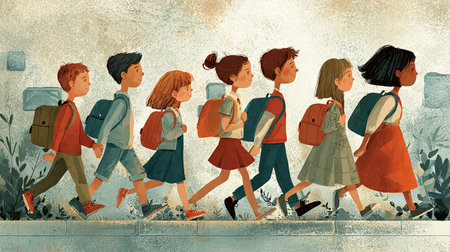 Back to school, illustration of a group of children with backpacksの素材