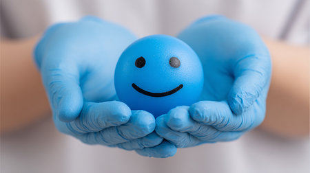 Hands in blue gloves holding a blue smiling egg with a smiley faceの素材