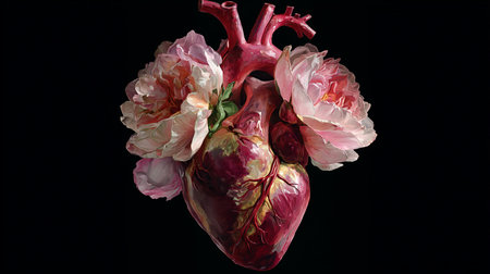 Heart of a human organ with flowers on a black background, close-upの素材