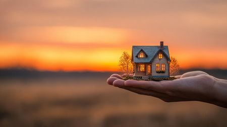 House model in human hand on sunset background. Real estate concept.の素材
