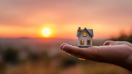 Miniature house in hand on sunset background. real estate concept.の素材