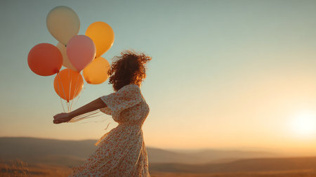 Young woman with colorful balloons in the field at sunset. Concept of freedom and happiness.の素材