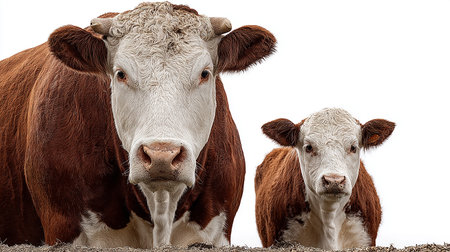 Two cows looking at the camera on a white background. Isolatedの素材