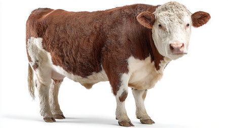 Portrait of a brown and white cow isolated on a white backgroundの素材