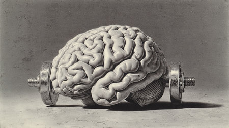 Human brain and dumbbell on a gray background. 3D illustrationの素材