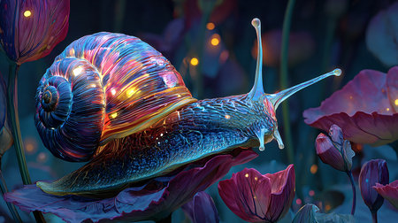 3d illustration of a snail on the background of a flower.の素材