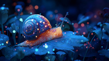 Snail crawling on a leaf in the forest. 3d renderingの素材