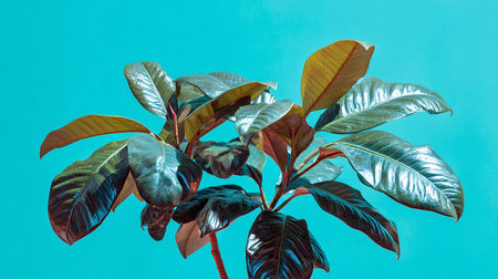 Ficus elastica plant in pot on turquoise background.の素材
