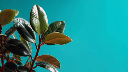 Ficus elastica, rubber plant on turquoise background.の素材