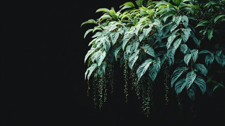 Green leaves of houseplant on black background with copy space for textの素材