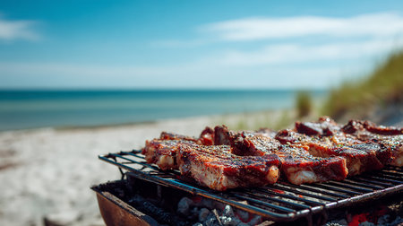 Grilled pork ribs on a barbecue grill on the beach in summerの素材