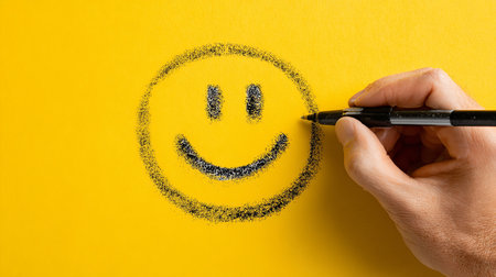 Hand drawing a smiley face on a yellow background, top viewの素材