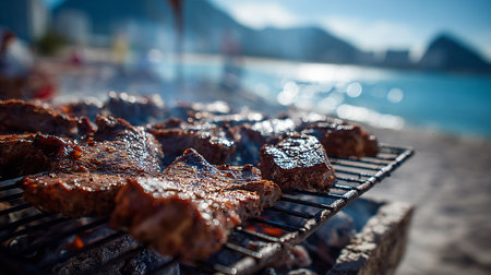 Grilled meat on the grill on the background of the sea.の素材