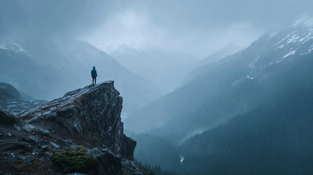 Man standing on top of a mountain and looking at the beautiful landscape.の素材