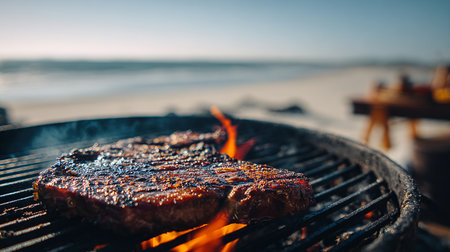 Grilled steak on the grill on the beach. Selective focus.の素材
