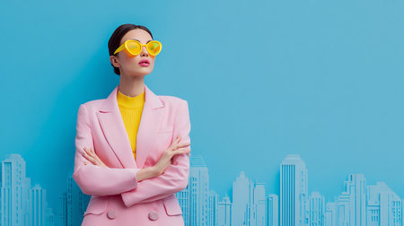 Portrait of a beautiful young woman in pink jacket and yellow sunglasses on a blue background with a cityscapeの素材