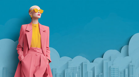 Fashionable woman in pink coat and yellow sunglasses on city backgroundの素材