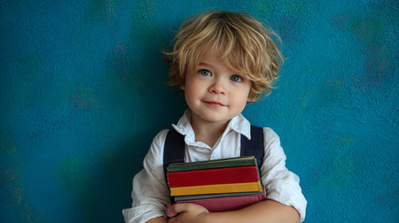 Cute little boy with books on blue background. Back to schoolの素材