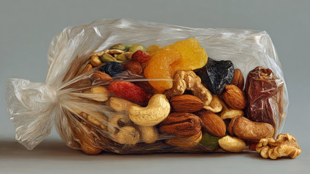 Assorted nuts and dried fruits in a plastic bag on gray backgroundの素材
